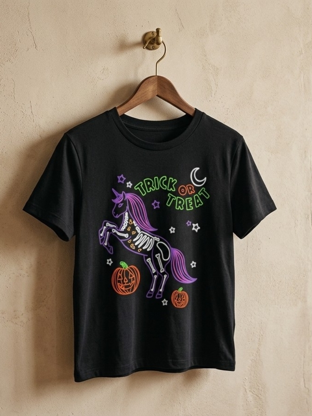 Celebrate It Black Tee with Purple Unicorn Skeleton and Neon Accents